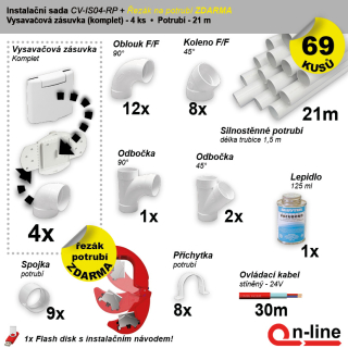 Instalační komplet centrálního vysávání - zásuvka (4 ks), potrubí (21 m), potrubní díly (69 dílů).