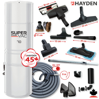 Centrální vysavač HAYDEN 70 Super Vac (780 AW) + Sada příslušenství ELITE s hadicí 9,1 m (12 ks).