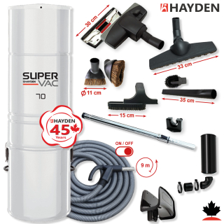 Centrální vysavač HAYDEN 70 Super Vac (780 AW) + Sada příslušenství STANDARD s hadicí 9,1 m (10 ks).