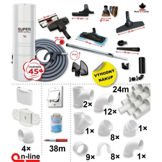 Centrální vysavač HAYDEN 70 Super Vac (780 AW) + Sada příslušenství PREMIUM s hadicí 9,1 m (11 ks), Instalační sada potrubí: 24 m - 4x zásuvka.
